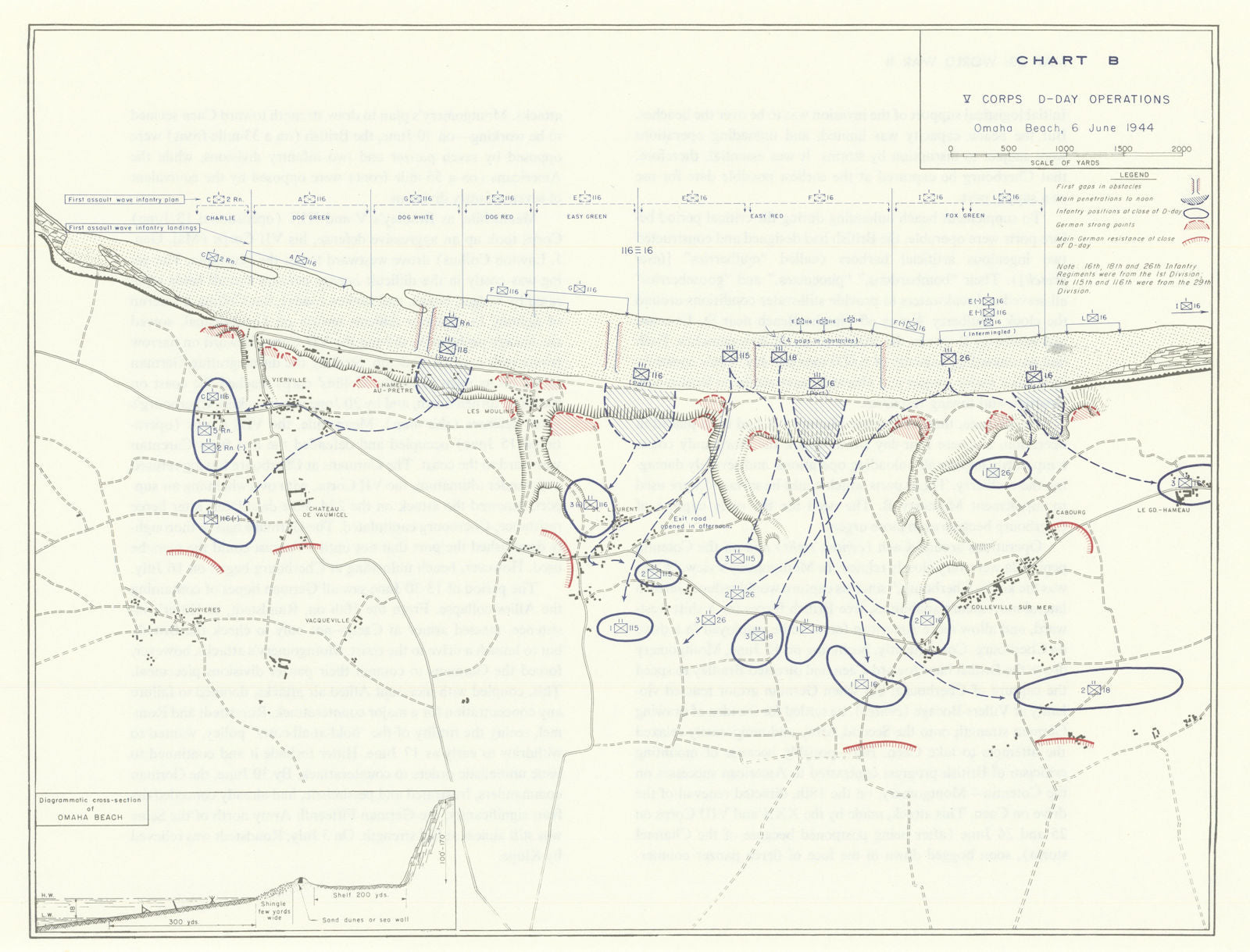 World War 2. V Corps D-Day Operations, 6 June 1944. Omaha Beach 1959 old map